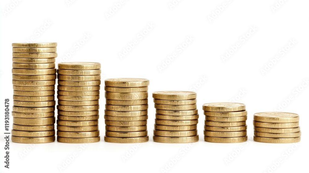 A series of gold coins positioned in stacks of varying heights creates a striking representation of wealth accumulation. The clean background enhances the coins' glow A series of gold coins positioned in stacks of varying heights creates a striking representation of wealth accumulation. The clean background enhances the coins' glow