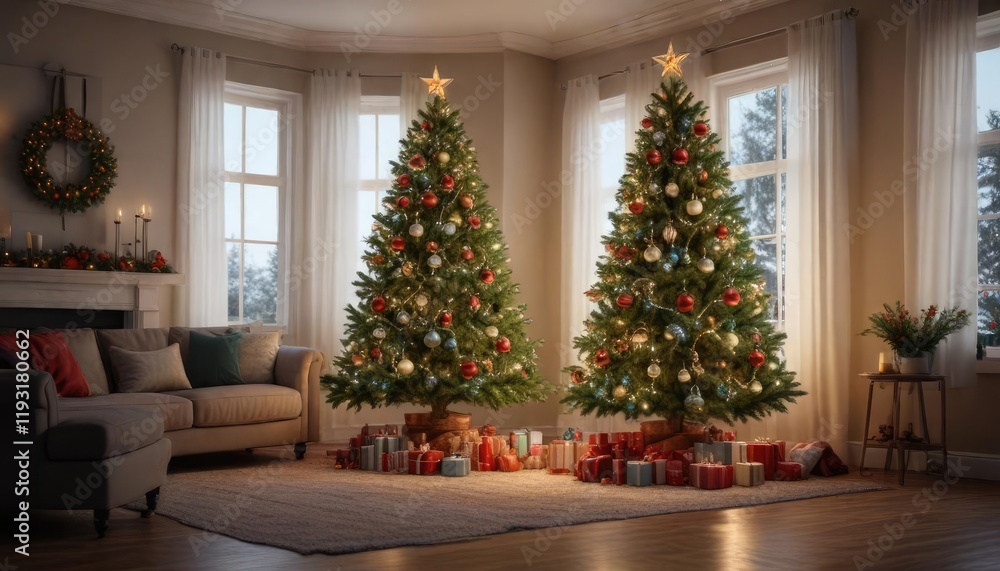 A festive Christmas tree with sparkling lights and ornaments in a beautifully decorated living room, holly berries, festive atmosphere A festive Christmas tree with sparkling lights and ornaments in a beautifully decorated living room, holly berries, festive atmosphere