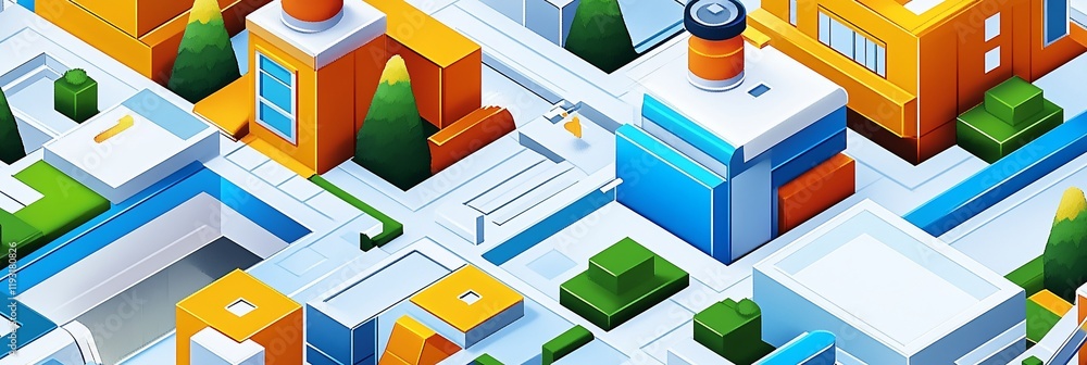 Abstract isometric city illustration with colorful buildings and green spaces. Abstract isometric city illustration with colorful buildings and green spaces.