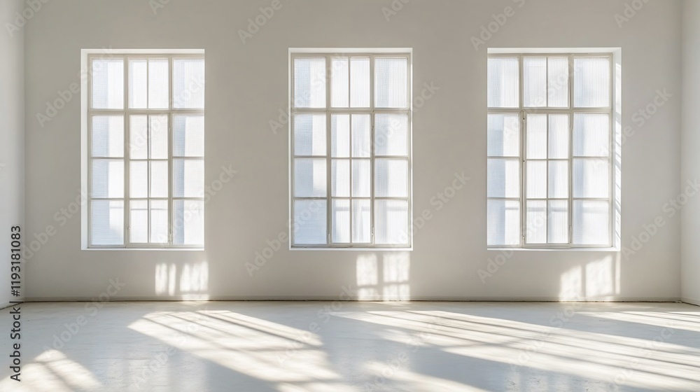 Sunlight streams through three large windows in a minimalist white room. Sunlight streams through three large windows in a minimalist white room.
