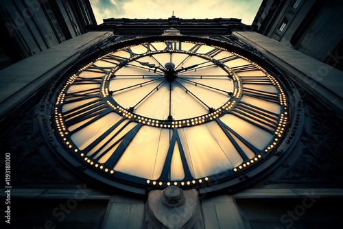 Low angle view of a large, illuminated clock face on a building at dusk.