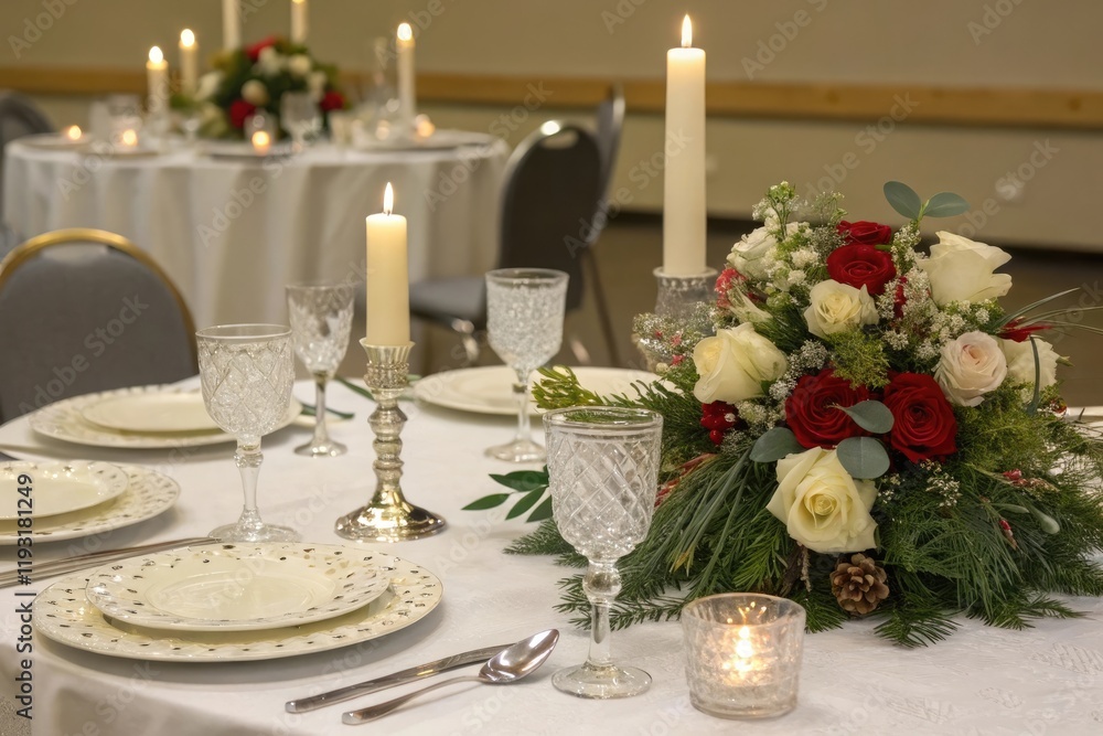 A festive holiday table setting with candles and flowers, merry mood, inviting decor A festive holiday table setting with candles and flowers, merry mood, inviting decor