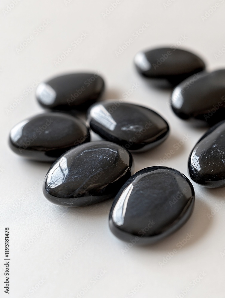 Polished black tumbled stones on white background. Polished black tumbled stones on white background.
