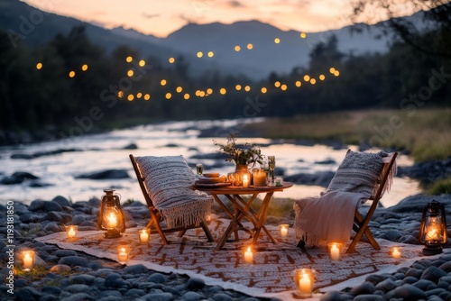 A candlelit outdoor dinner with a backdrop of twinkling stars and a softly flowing stream nearby photo