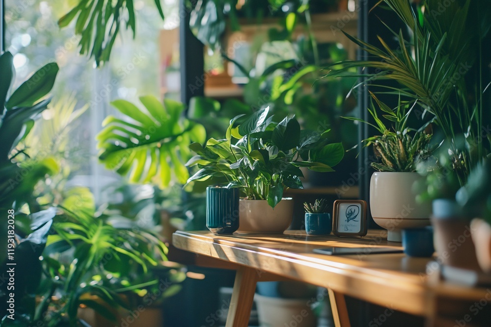 Fototapeta premium Sunlit wooden table with various potted indoor plants, creating a lush, green, home interior scene.