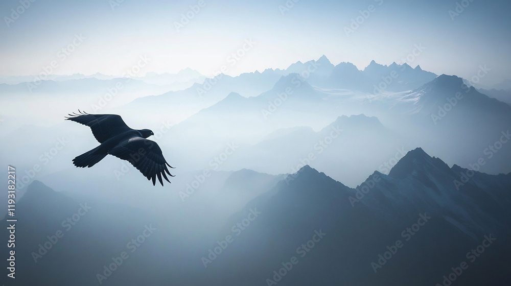 Majestic eagle soaring above a misty mountain range. Majestic eagle soaring above a misty mountain range.