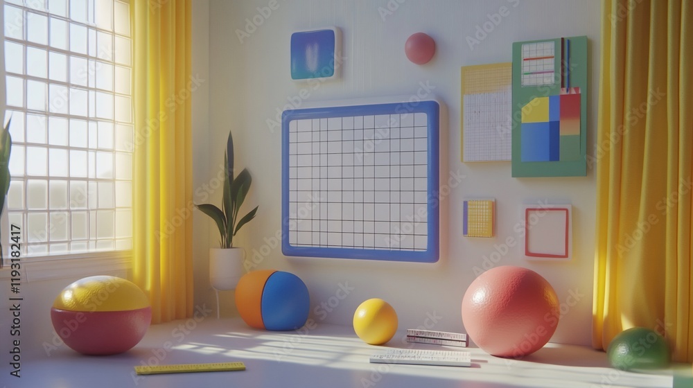Sunlit room with colorful geometric shapes, plant, and grid board. Sunlit room with colorful geometric shapes, plant, and grid board.
