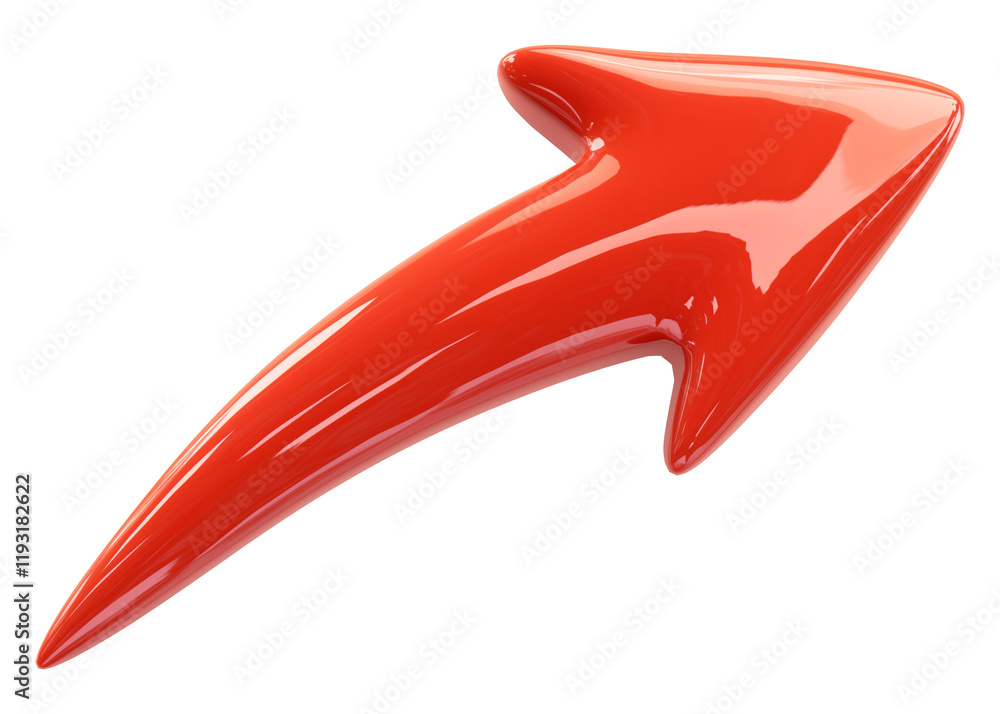 Fototapeta premium Bright red ceramic curved arrow isolated on transparency background, showcasing glossy finish and dynamic shape. Perfect for design elements or directional indicators