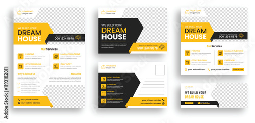 Construction marketing collateral set. Included Construction flyer design, Social media banner design, web banner design, post card design. Print template layout design vector.