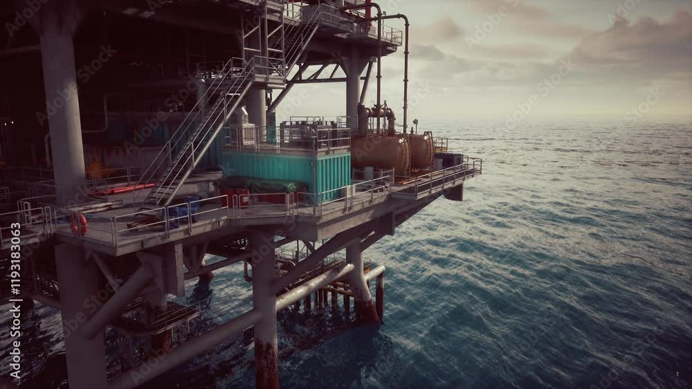 An aged oil rig platform stands tall in the vast ocean, extracting resources from deep below the surface.