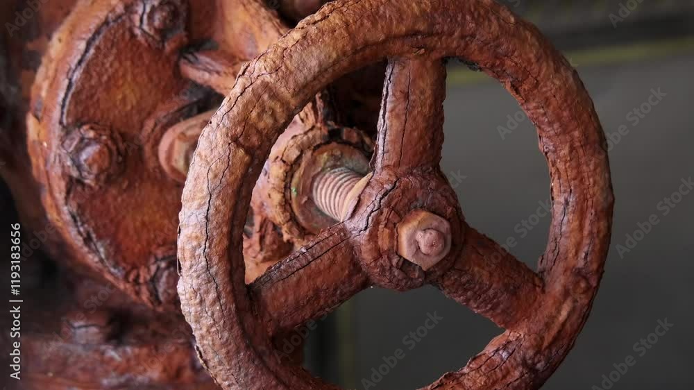 Rusty Wheel Valve: A close-up shot reveals a rusted wheel valve, its once smooth surface now etched with the marks of time and wear. The image evokes a sense of industrial history, durability. Rusty Wheel Valve: A close-up shot reveals a rusted wheel valve, its once smooth surface now etched with the marks of time and wear. The image evokes a sense of industrial history, durability.