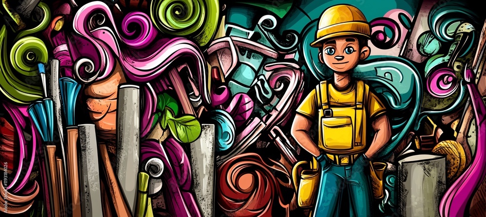 Obraz premium Colorful doodle art of a worker amidst tools and paint.