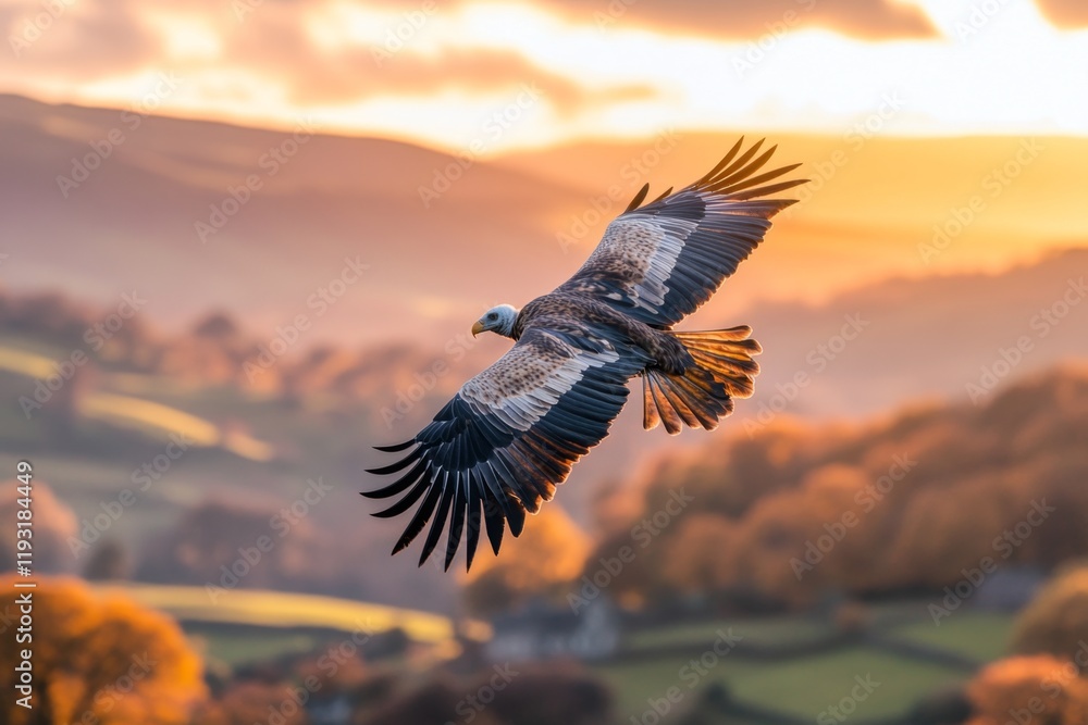 Obraz premium A vulture captured mid-flight, with its wings frozen in a downward stroke, set against a backdrop of rolling hills