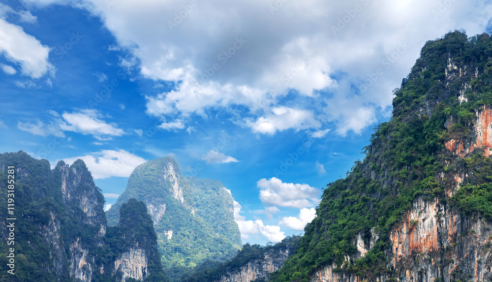 Naklejka premium Aerial view of khao sok national park cliffs, thailand