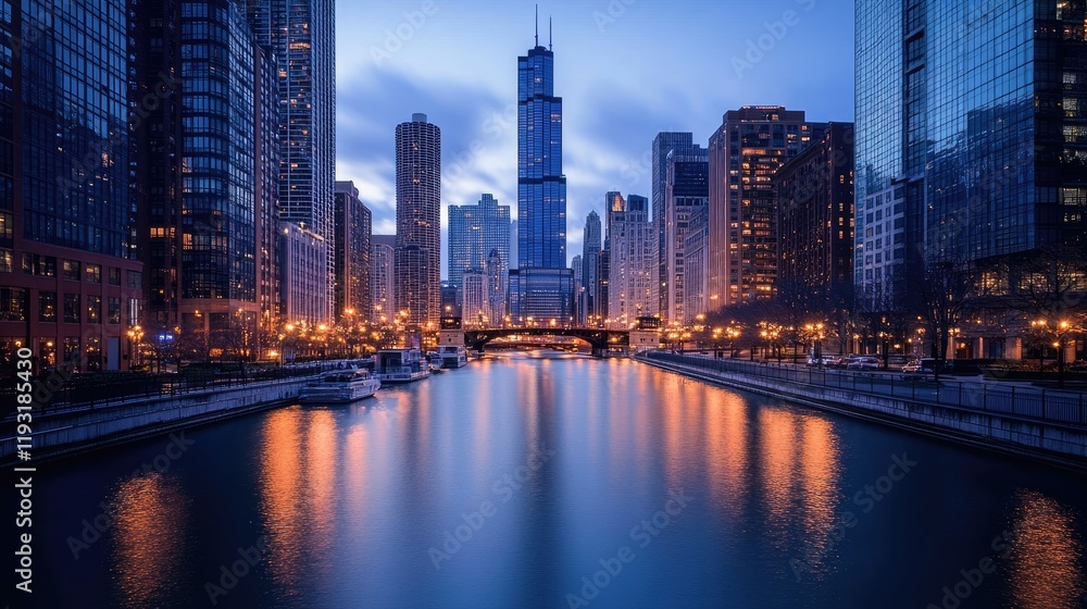 Obraz premium A bustling city skyline at dusk, with bright lights reflecting off the water, highlighting the energy and vibrancy of urban life.