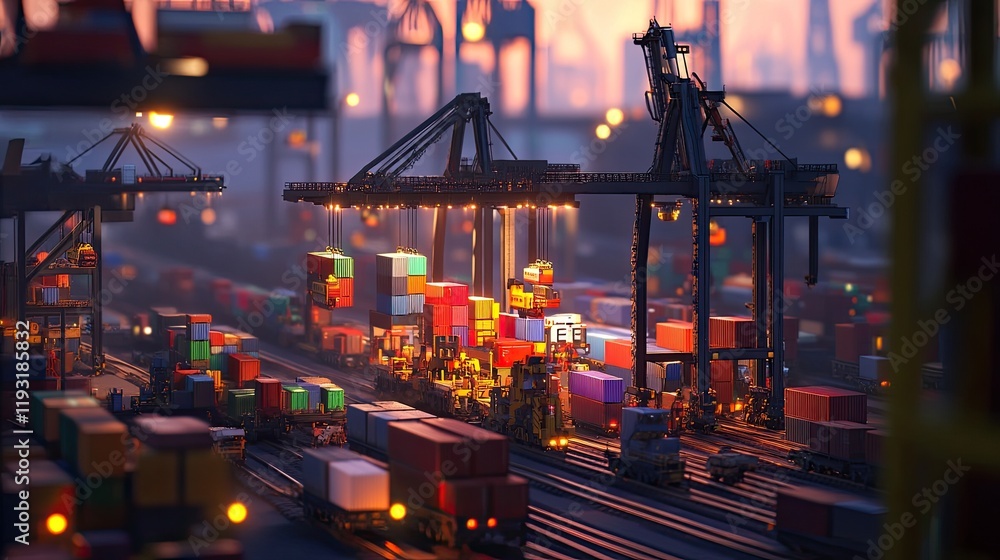 Fototapeta premium A busy rail freight terminal at dawn, with cranes unloading containers from trains onto trucks for distribution