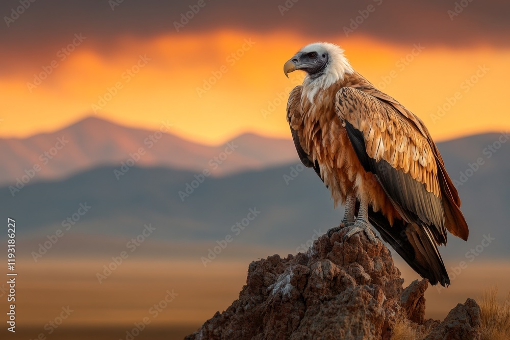 A vulture perched on a rocky ledge, with a vast desert landscape in the background and a dramatic sky above A vulture perched on a rocky ledge, with a vast desert landscape in the background and a dramatic sky above