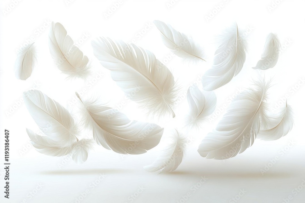 Naklejka premium a realistic vector illustration of various white feathers gracefully falling and twirling against a clean white backdrop, showcasing their delicate textures and soft forms