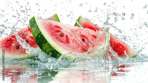 a succulent watermelon splashing into water, with a nearby watermelon slice on a white background
