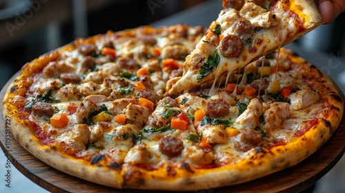 Delicious pizza with chicken sausage and colorful vegetables for any occasion