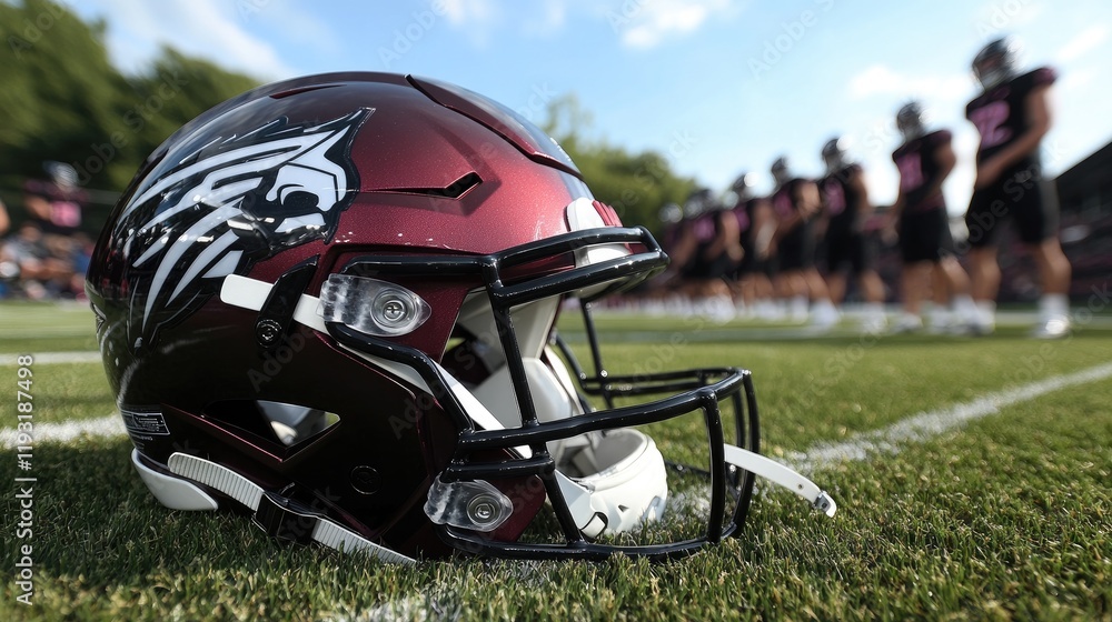 A close-up of a football helmet resting on the grass, with players in the background preparing for the next play A close-up of a football helmet resting on the grass, with players in the background preparing for the next play