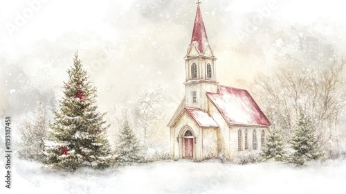 Wallpaper Mural Illustration of a small church in a snowy landscape with a pine tree Torontodigital.ca