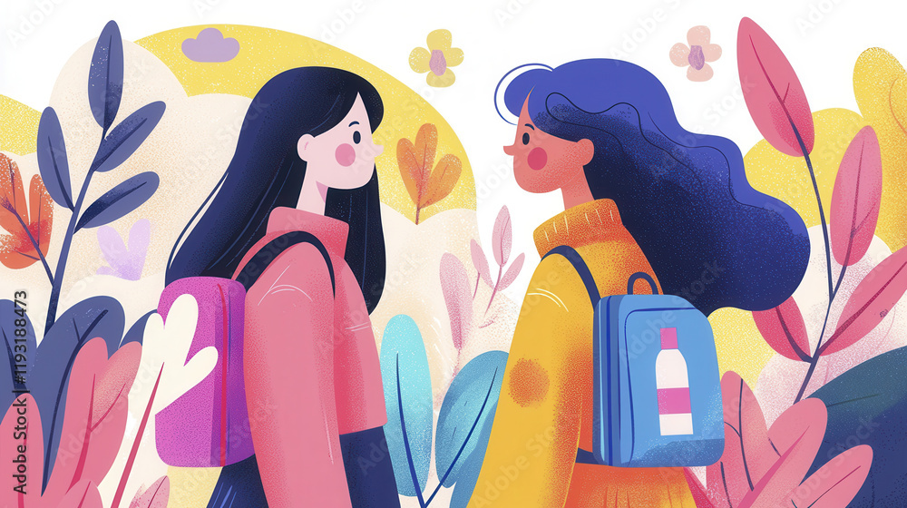 Two women with backpacks engage in conversation amidst colorful foliage, showcasing friendship and connection in vibrant setting Two women with backpacks engage in conversation amidst colorful foliage, showcasing friendship and connection in vibrant setting