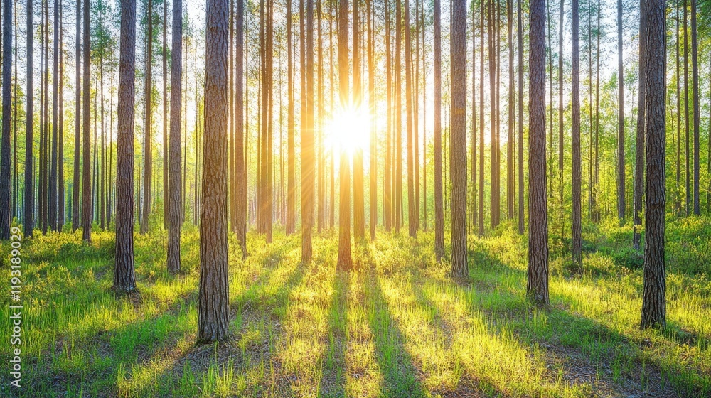 Naklejka premium A tranquil forest scene with tall trees, soft sunlight, and a calm, peaceful atmosphere