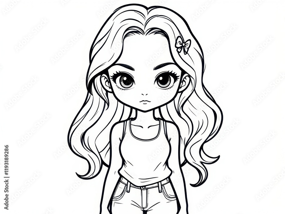 Cute Anime Girl Manga Style Long Hair Casual Outfit Black and White Illustration Cute Anime Girl Manga Style Long Hair Casual Outfit Black and White Illustration
