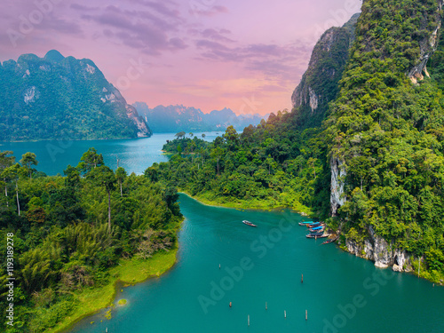 Fototapeta Naklejka Na Ścianę i Meble -  Aerial view of lush greenery and lakes in khao sok national park, thailand