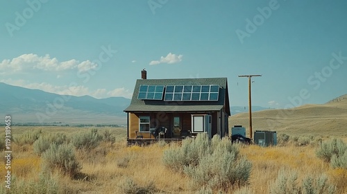 Off-grid house with solar panels in a rural landscape. photo