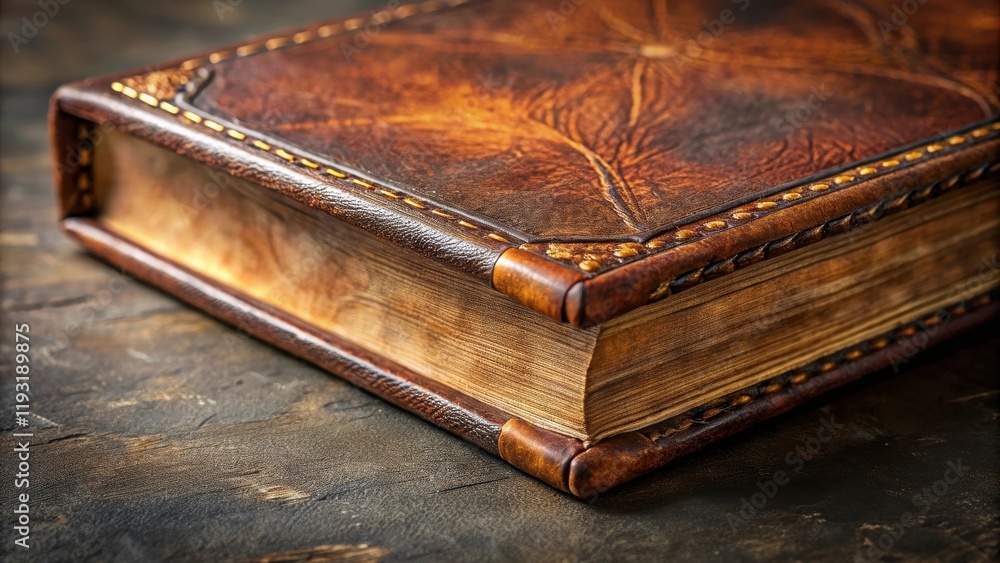 Antique Leather-Bound Book with Ornate Detailing Rests on Dark Wooden Surface Antique Leather-Bound Book with Ornate Detailing Rests on Dark Wooden Surface