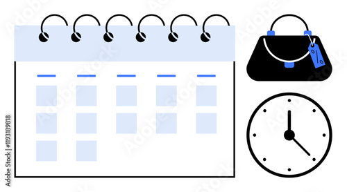Spiral-bound planner calendar with blue accents, a purse with a price tag, and a clock showing time. Ideal for time management, daily planning, appointments, budgeting, organization, scheduling