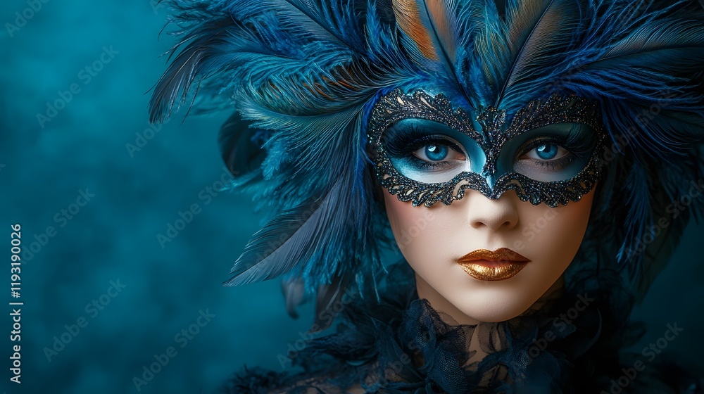 Enchanting Elaborate Masquerade Mask with Luxurious Feathers Capturing Light on a Soothing Teal Backdrop Enchanting Elaborate Masquerade Mask with Luxurious Feathers Capturing Light on a Soothing Teal Backdrop