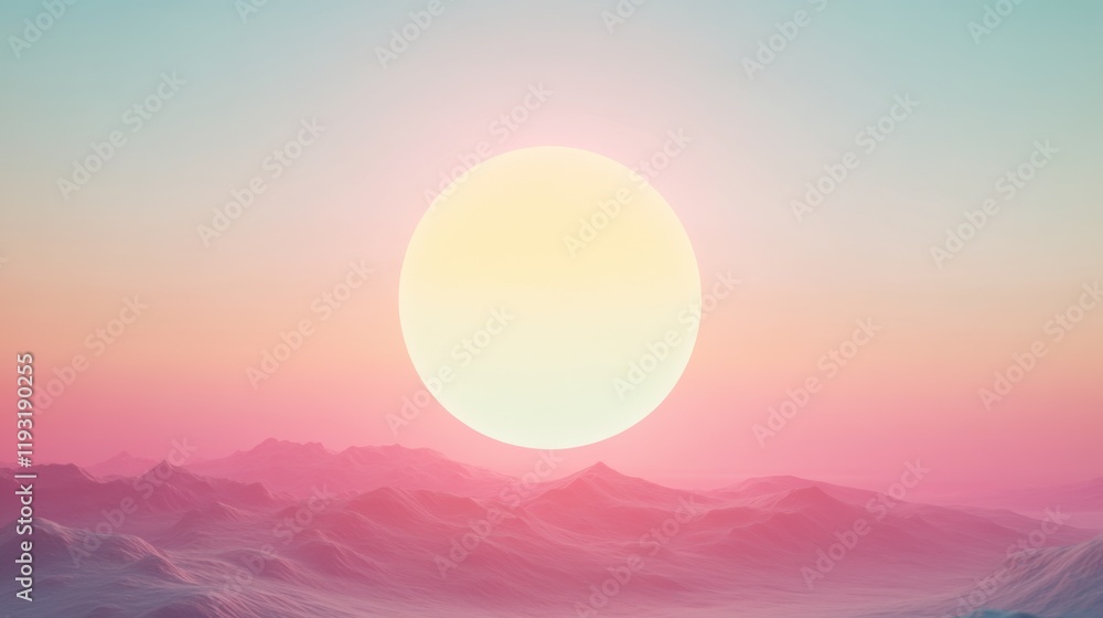Fototapeta premium A serene sunset with a large sun above pastel-colored desert dunes