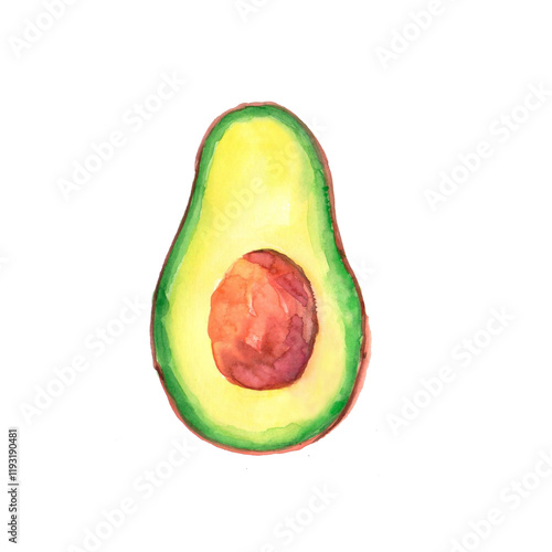 A detailed watercolor illustration of a ripe avocado cut in half, showcasing its vibrant green flesh and brown seed
