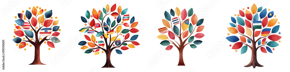 Vibrant Tree with National Flags as Leaves Representing Unity and Diversity in Nature and Culture, Reflecting Global Harmony in a Colorful Artwork Vibrant Tree with National Flags as Leaves Representing Unity and Diversity in Nature and Culture, Reflecting Global Harmony in a Colorful Artwork