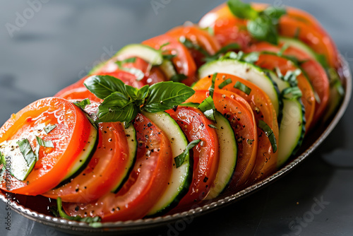 A vibrant salad with alternating slices of fresh tomatoes and cucumbers, garnished with basil leaves and cracked black pepper, served on a silver platter.
 photo