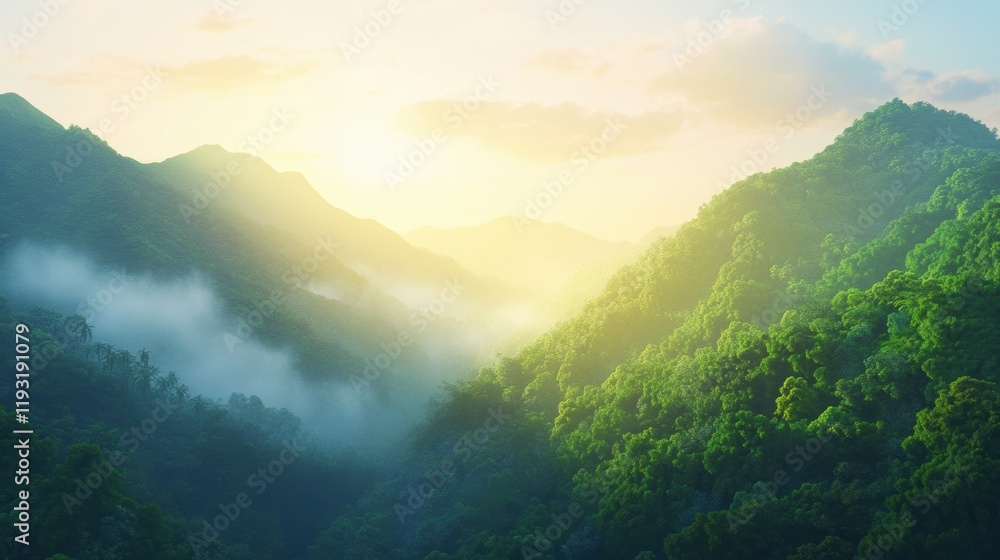 Fototapeta premium Sunrise over misty green mountains with rays of light piercing through the haze