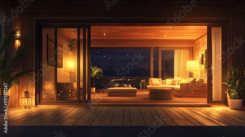 Wallpaper Mural Warmly lit modern living room viewed from a wooden deck at night. Torontodigital.ca