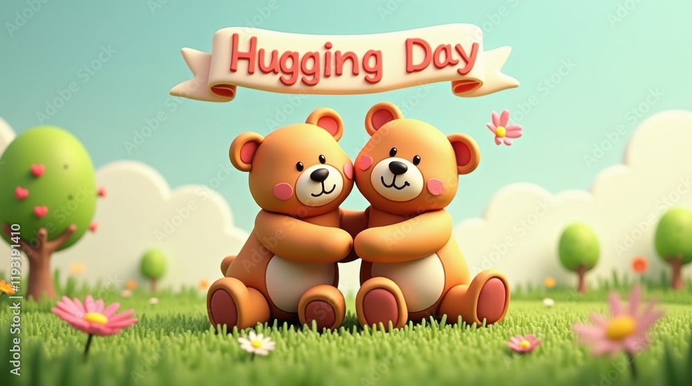 Celebrating hugging day with cute bears cheerful meadow 3d animation colorful environment whimsical concept Celebrating hugging day with cute bears cheerful meadow 3d animation colorful environment whimsical concept