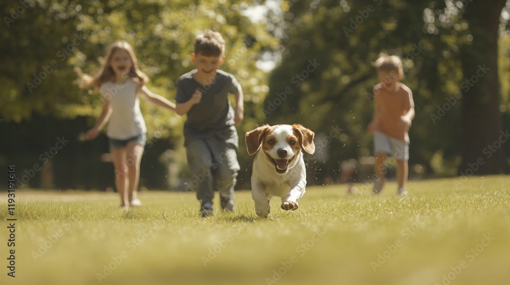 Obraz premium Happy children and dog running in park. (1)