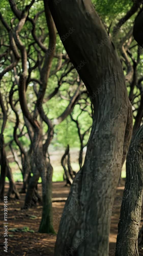 Twisted trees create a captivating forest landscape in a tranquil setting Twisted trees create a captivating forest landscape in a tranquil setting