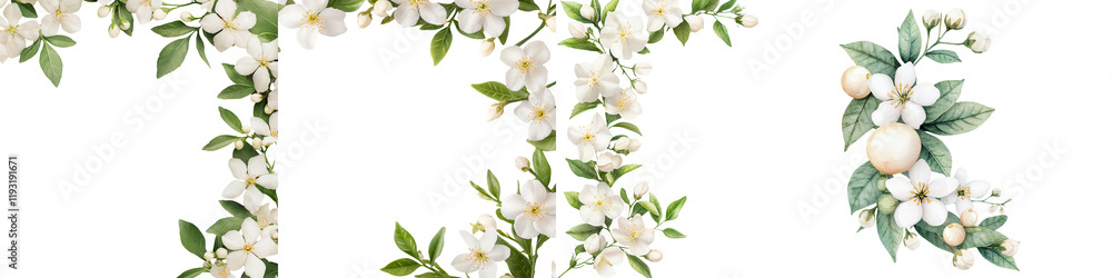 Fototapeta premium Elegant Arrangement of Jasmine Flowers Showcasing Delicate White Blooms and Lush Green Leaves in a Serene Composition Ideal for Floral Design Projects