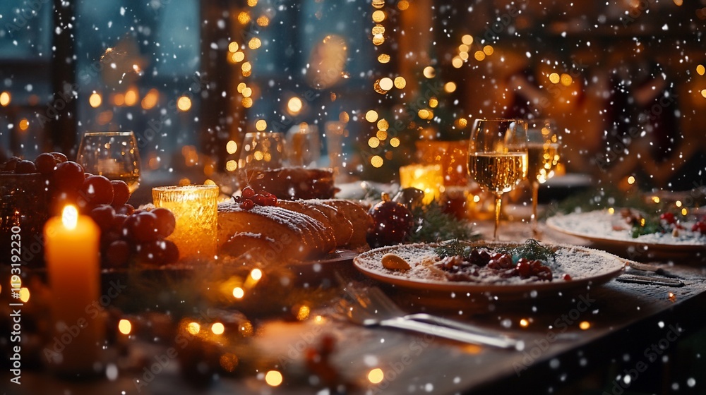 Cozy Christmas Eve dinner table with snow falling, candles, food, wine, and warm lighting. Cozy Christmas Eve dinner table with snow falling, candles, food, wine, and warm lighting.