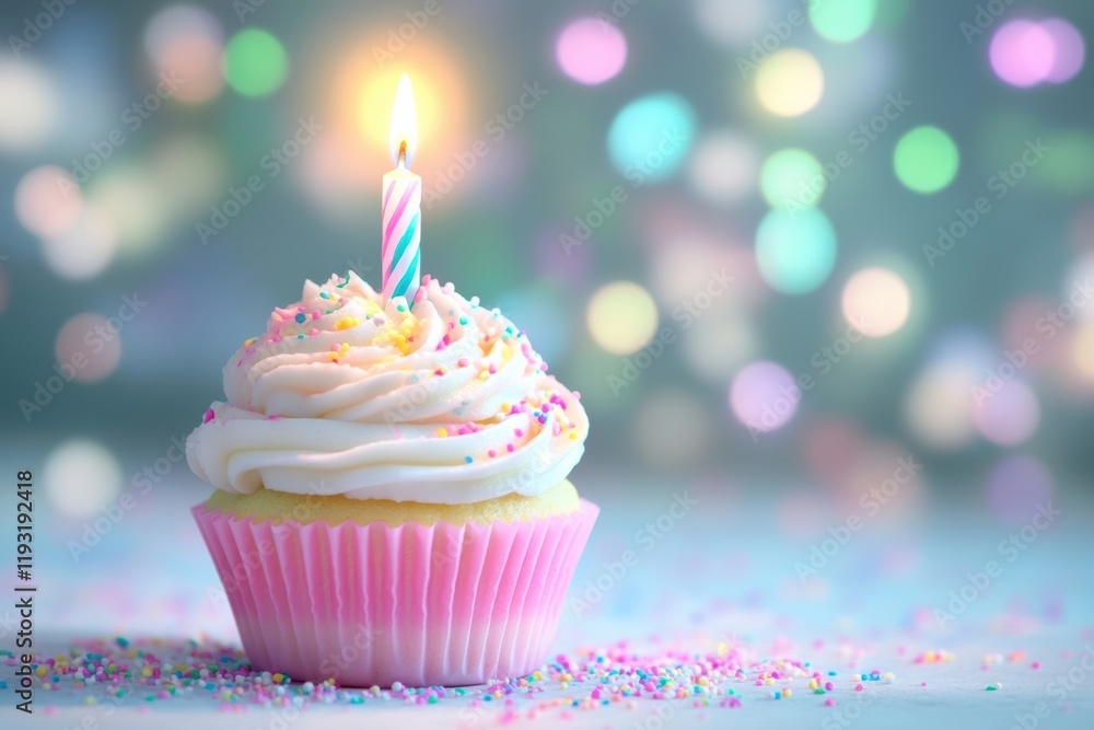 Delicious cupcake with colorful frosting and a candle against a blurred festive background, perfect for celebrations. Delicious cupcake with colorful frosting and a candle against a blurred festive background, perfect for celebrations.