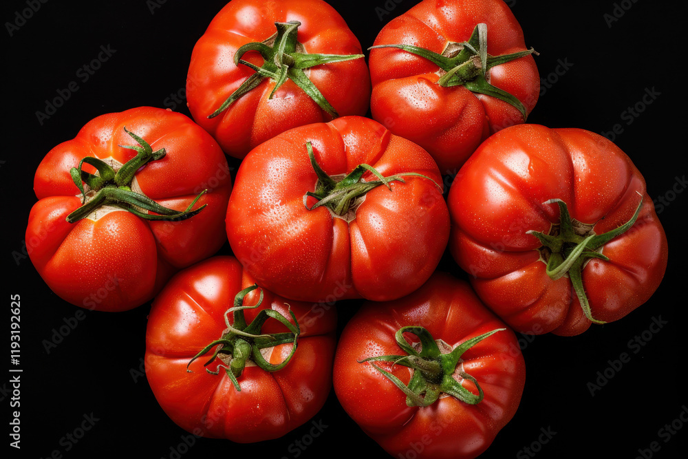 A vibrant arrangement of fresh, ripe heirloom tomatoes with stems, set against a black background, showcasing their deep red color and natural texture.
A vibrant arrangement of fresh, ripe heirloom tomatoes with stems, set against a black background, showcasing their deep red color and natural texture.