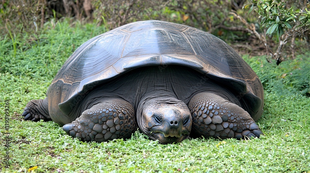 Fototapeta premium Large Galapagos tortoise resting on green grass.