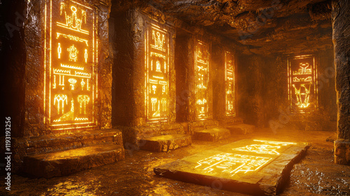 Wallpaper Mural mysterious underground temple with glowing hieroglyphs and stone walls, evoking sense of ancient history and wonder Torontodigital.ca