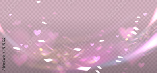 Prism pink romantic light sparkles overlay, crystal shine of heart light with flares. Prism light glasses or lens flare spectrum of gem glass refraction and sunlight shiny dispersion. Vector